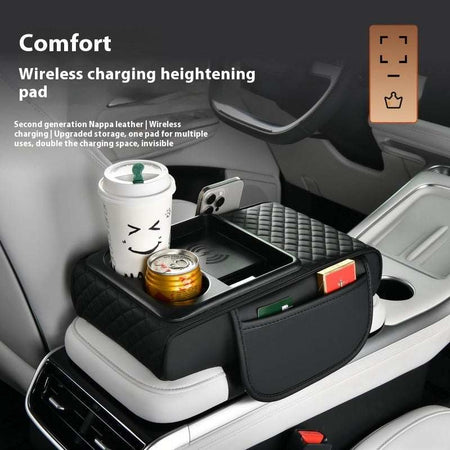 Leather automobile armrest box with wireless charging and multifunctional storage compartments