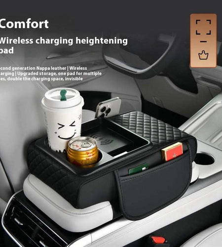 Leather automobile armrest box with wireless charging and multifunctional storage compartments