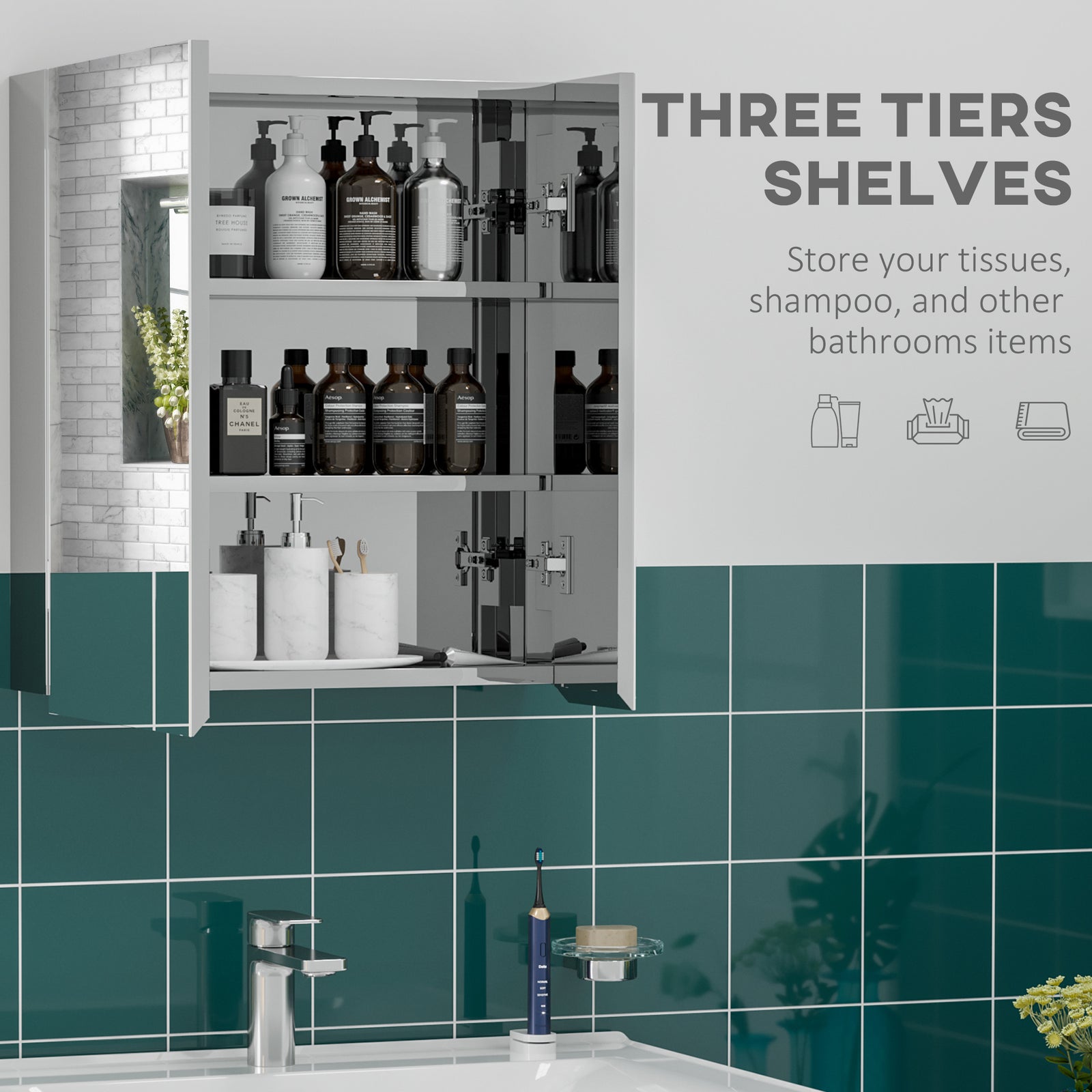 Wall Mounted Bathroom Medicine Cabinet with Hinged Door Storage Shelves for Living Room and Laundry Room Silver